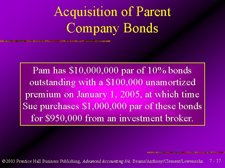 Acquisition of Parent Company Bonds Pam has $10, 000 par of 10% bonds outstanding