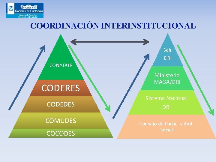 COORDINACIÓN INTERINSTITUCIONAL Gab. DRI CONADUR CODERES CODEDES COMUDES COCODES Ministerio MAGA/DRI Sistema Nacional DRI