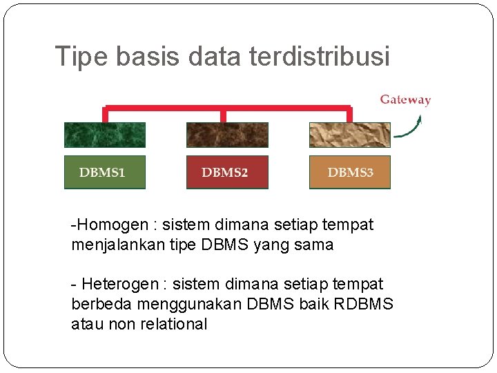 Tipe basis data terdistribusi -Homogen : sistem dimana setiap tempat menjalankan tipe DBMS yang