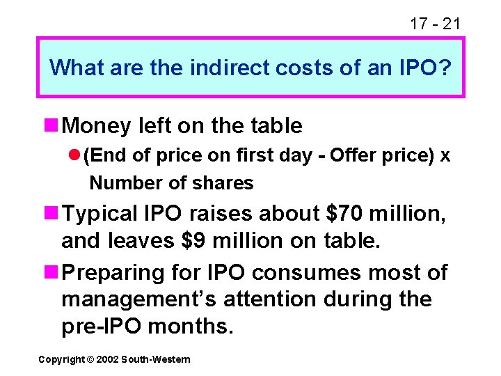 17 - 21 What are the indirect costs of an IPO? n Money left