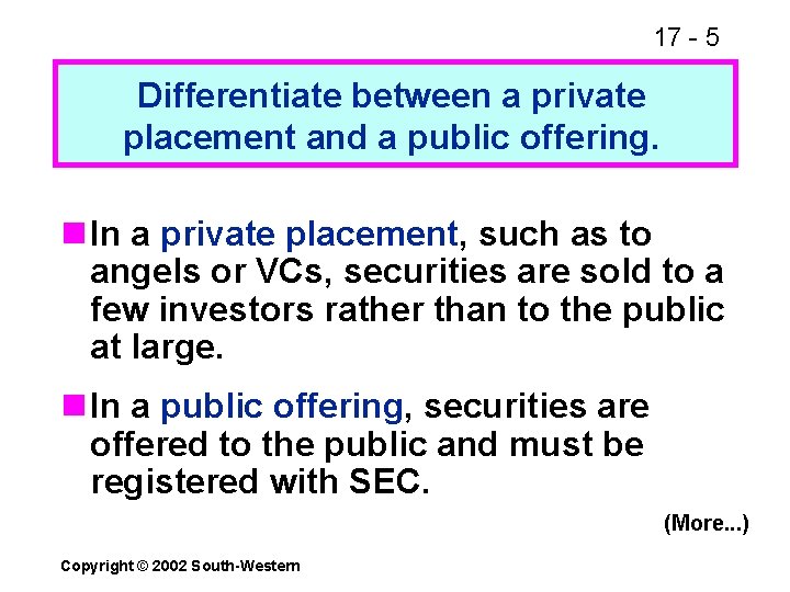 17 - 5 Differentiate between a private placement and a public offering. n In