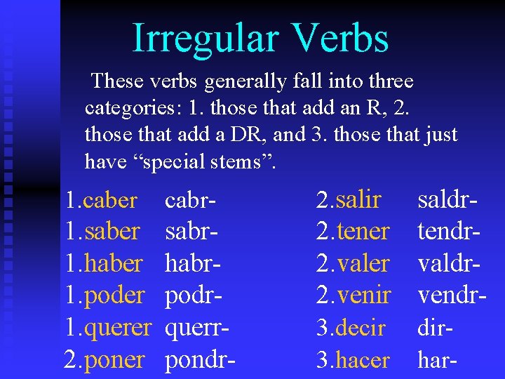 Irregular Verbs These verbs generally fall into three categories: 1. those that add an
