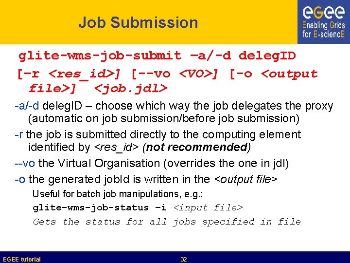 Job Submission glite-wms-job-submit –a/-d deleg. ID [–r <res_id>] [--vo <VO>] [-o <output file>] <job.