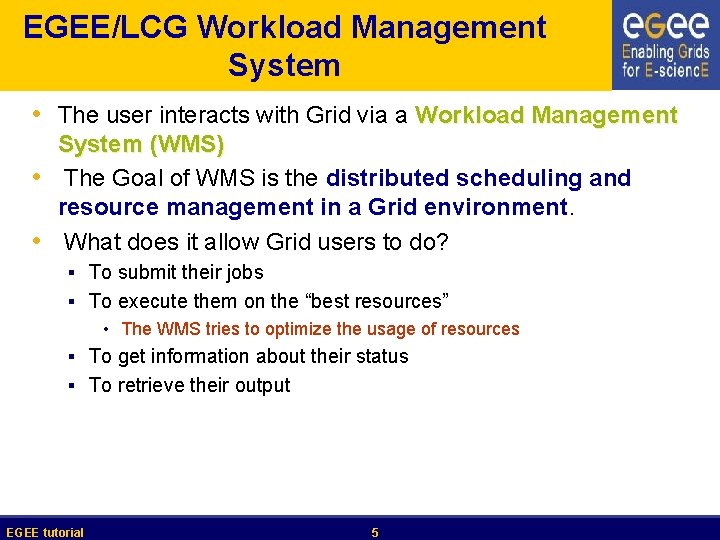 EGEE/LCG Workload Management System • The user interacts with Grid via a Workload Management