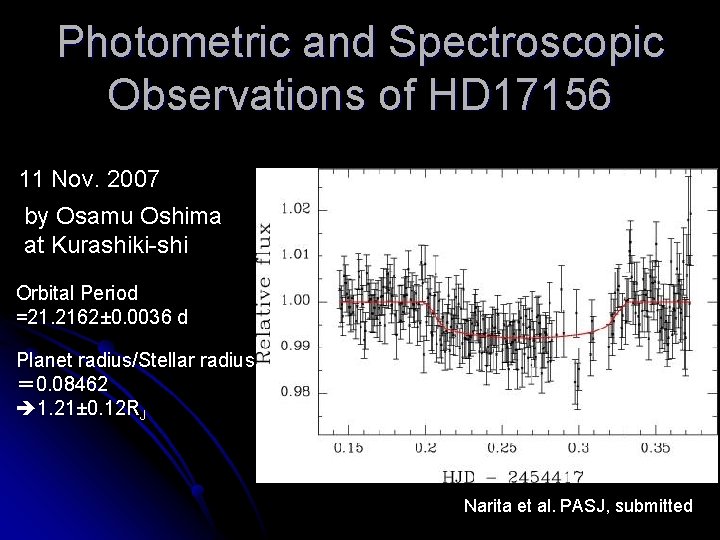 Photometric and Spectroscopic Observations of HD 17156 11 Nov. 2007 by Osamu Oshima at