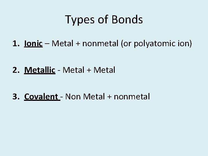 Types of Bonds 1. Ionic – Metal + nonmetal (or polyatomic ion) 2. Metallic