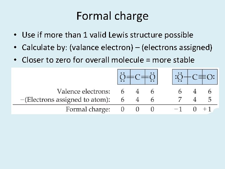 Formal charge • Use if more than 1 valid Lewis structure possible • Calculate