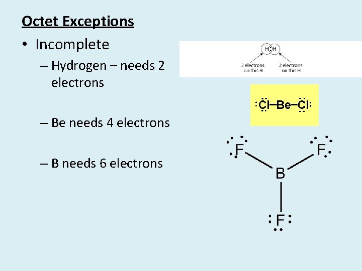 Octet Exceptions • Incomplete – Hydrogen – needs 2 electrons – Be needs 4