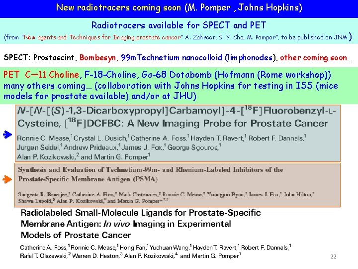 New radiotracers coming soon (M. Pomper , Johns Hopkins) Radiotracers available for SPECT and