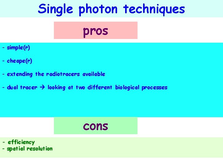 Single photon techniques pros - simple(r) - cheape(r) - extending the radiotracers available -