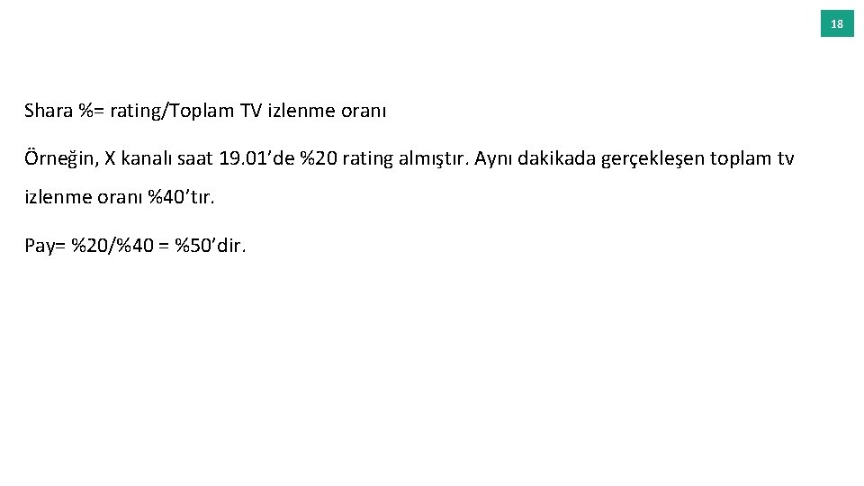 18 Shara %= rating/Toplam TV izlenme oranı Örneğin, X kanalı saat 19. 01’de %20