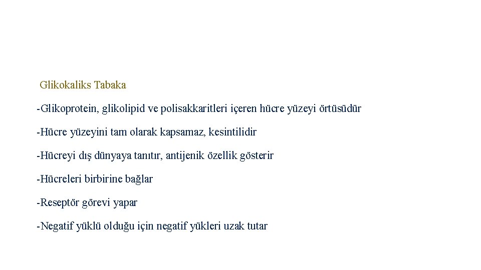 Glikokaliks Tabaka -Glikoprotein, glikolipid ve polisakkaritleri içeren hücre yüzeyi örtüsüdür -Hücre yüzeyini tam olarak