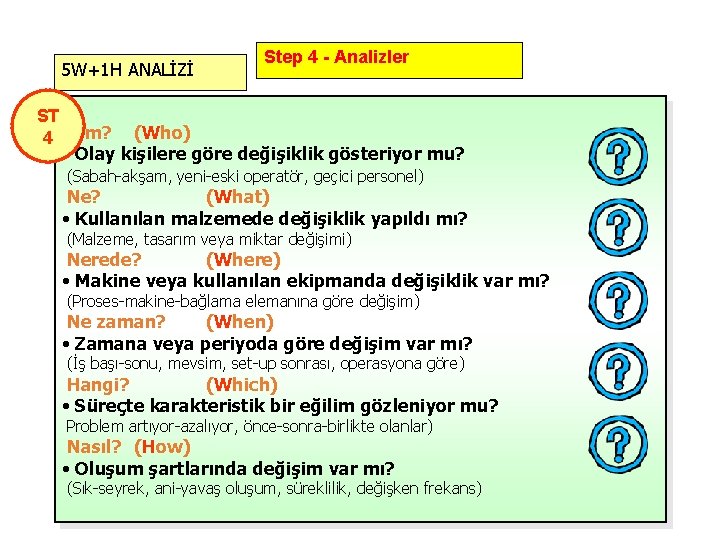 5 W+1 H ANALİZİ Step 4 - Analizler ST 4 Kim? (Who) • Olay