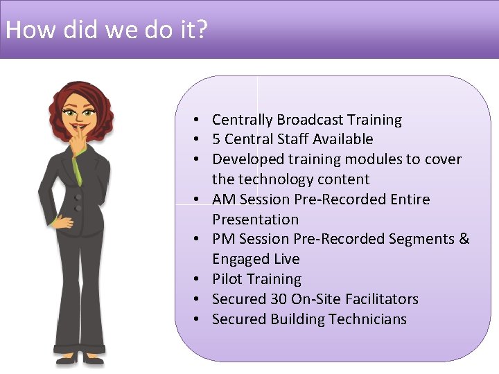 How did we do it? • Centrally Broadcast Training • 5 Central Staff Available