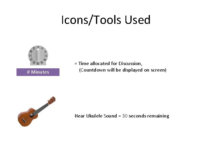 Icons/Tools Used # Minutes = Time allocated for Discussion, (Countdown will be displayed on