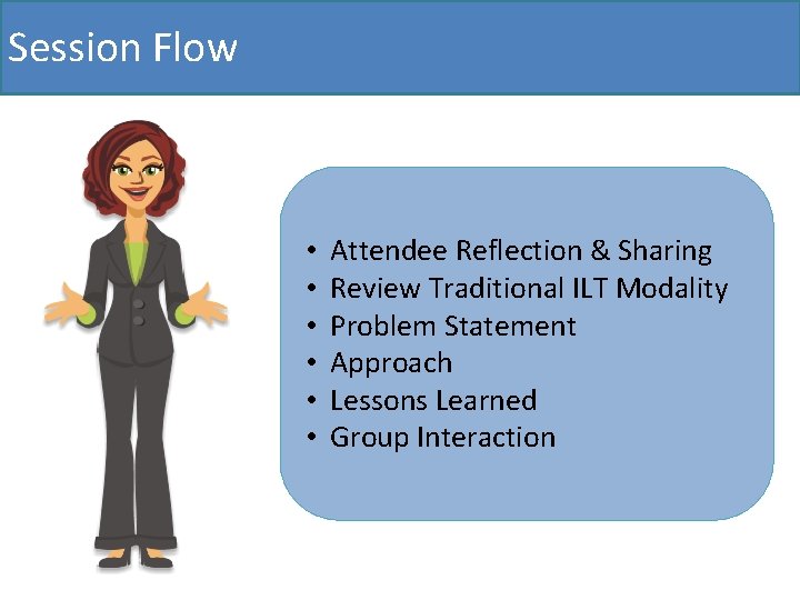 Session Flow • • • Attendee Reflection & Sharing Review Traditional ILT Modality Problem