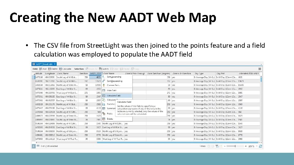 Creating the New AADT Web Map • The CSV file from Street. Light was