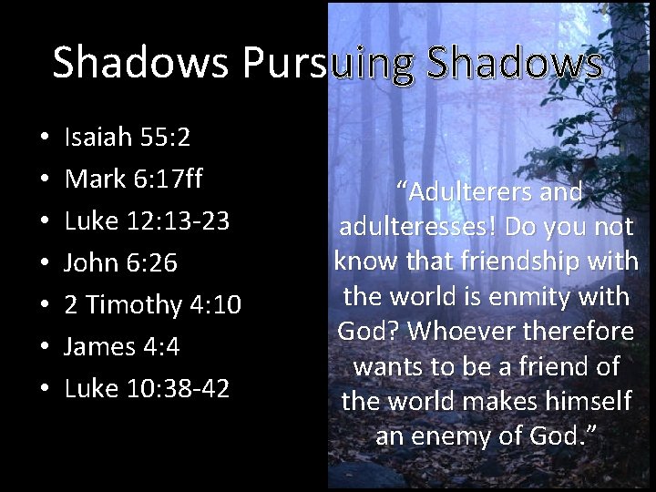 Shadows Pursuing Shadows • • Isaiah 55: 2 Mark 6: 17 ff Luke 12: