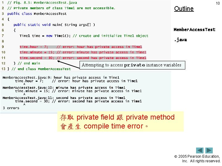 Outline 10 Member. Access. Test. java Attempting to access private instance variables 存取 private