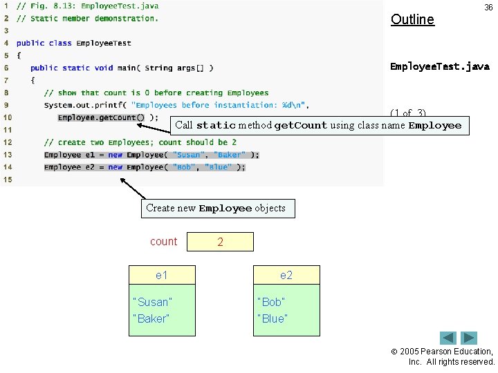 Outline 36 Employee. Test. java (1 of 3) Call static method get. Count using