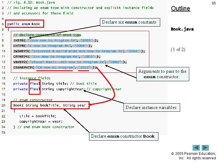 Outline 65 Declare six enum constants Book. java (1 of 2) Arguments to pass