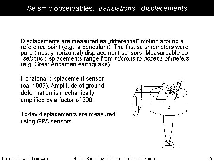 Seismic observables: translations - displacements Displacements are measured as „differential“ motion around a reference