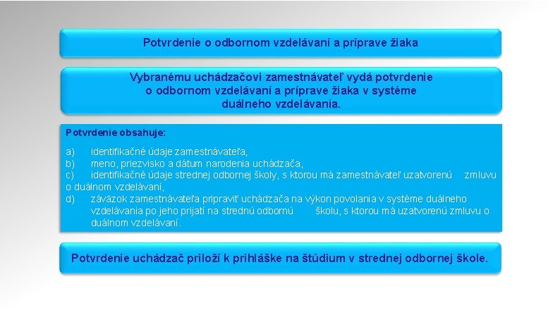 Potvrdenie o odbornom vzdelávaní a príprave žiaka Vybranému uchádzačovi zamestnávateľ vydá potvrdenie o odbornom