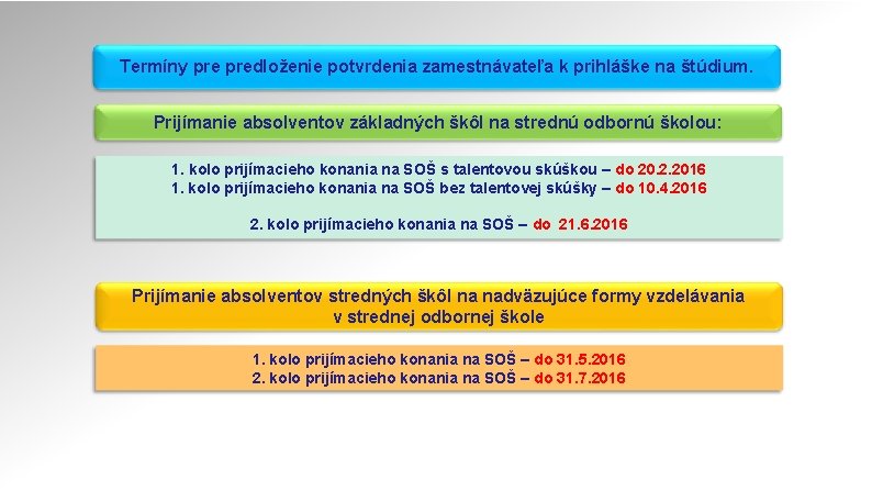 Termíny predloženie potvrdenia zamestnávateľa k prihláške na štúdium. Prijímanie absolventov základných škôl na strednú