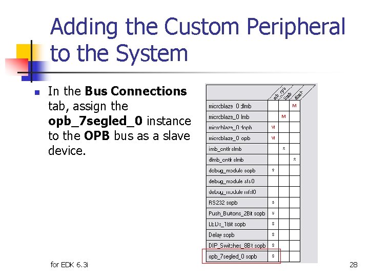 Adding the Custom Peripheral to the System n In the Bus Connections tab, assign