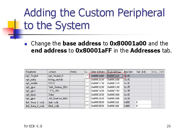 Adding the Custom Peripheral to the System n Change the base address to 0