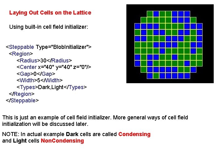 Laying Out Cells on the Lattice Using built-in cell field initializer: <Steppable Type="Blob. Initializer">
