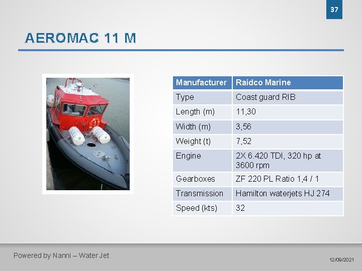 37 AEROMAC 11 M Powered by Nanni – Water Jet Manufacturer Raidco Marine Type