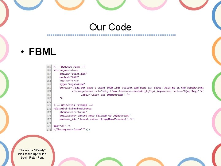 Our Code • FBML The name “Wendy” was made up for the book, Peter