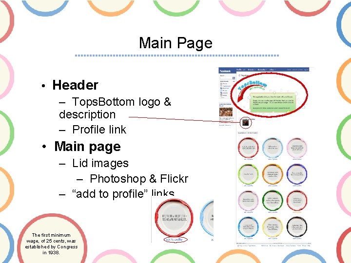 Main Page • Header – Tops. Bottom logo & description – Profile link •