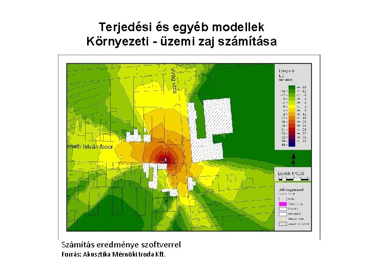 Terjedési és egyéb modellek Környezeti - üzemi zaj számítása Számítás eredménye szoftverrel Forrás: Akusztika