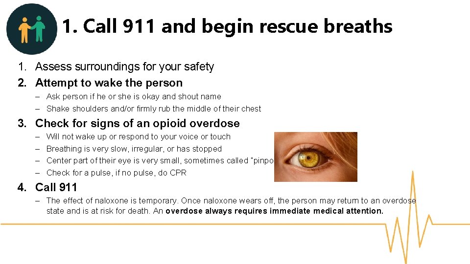 1. Call 911 and begin rescue breaths 1. Assess surroundings for your safety 2.