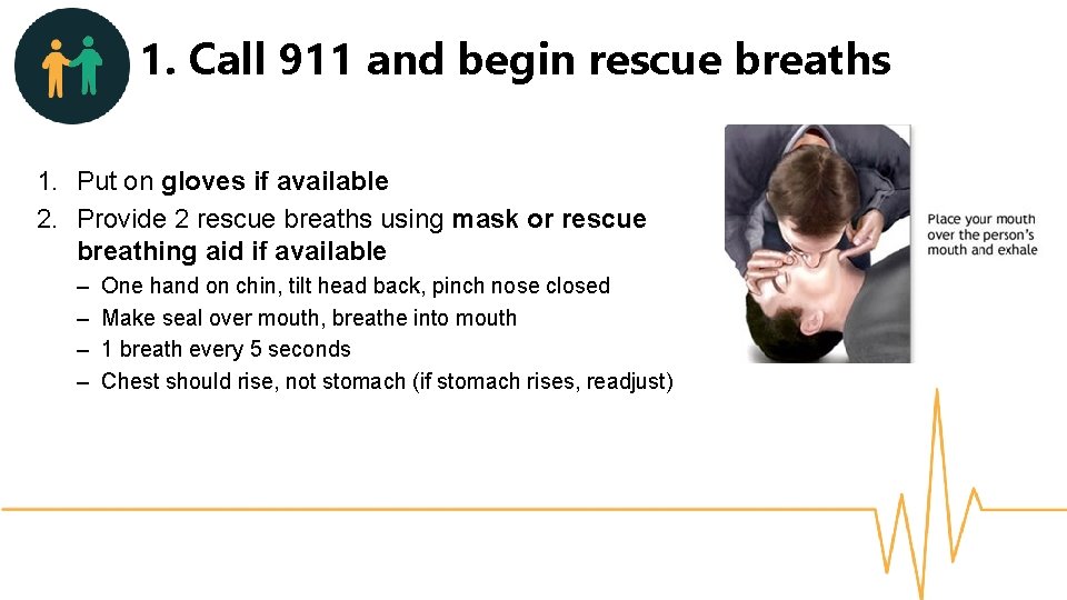 1. Call 911 and begin rescue breaths 1. Put on gloves if available 2.