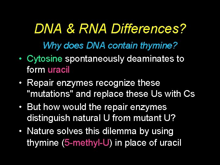 DNA & RNA Differences? • • Why does DNA contain thymine? Cytosine spontaneously deaminates