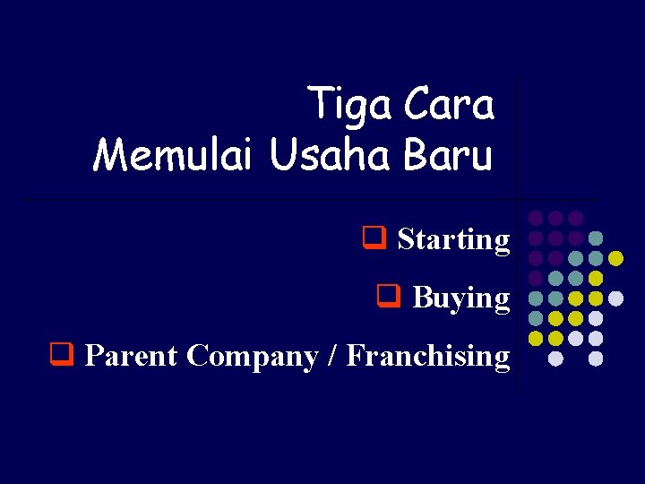 Tiga Cara Memulai Usaha Baru q Starting q Buying q Parent Company / Franchising