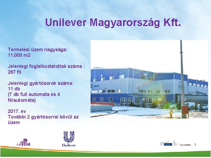 Unilever Magyarország Kft. Termelési üzem nagysága: 11. 000 m 2 Jelenlegi foglalkoztatottak száma :