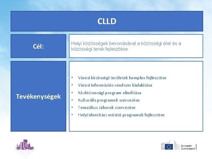 CLLD Cél: Tevékenységek Helyi közösségek bevonásával a közösségi élet és a közösségi terek fejlesztése