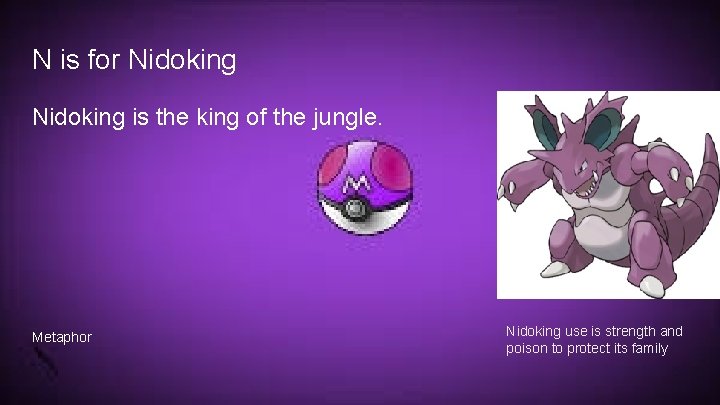 N is for Nidoking is the king of the jungle. Metaphor Nidoking use is