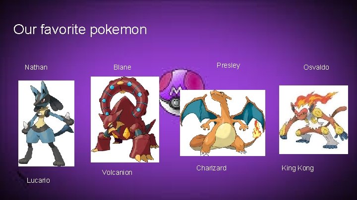 Our favorite pokemon Nathan Blane Volcanion Lucario Presley Charizard Osvaldo King Kong 