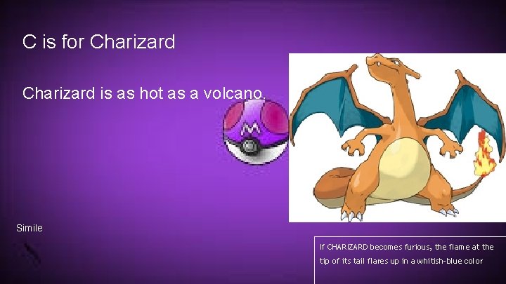 C is for Charizard is as hot as a volcano. Simile If CHARIZARD becomes