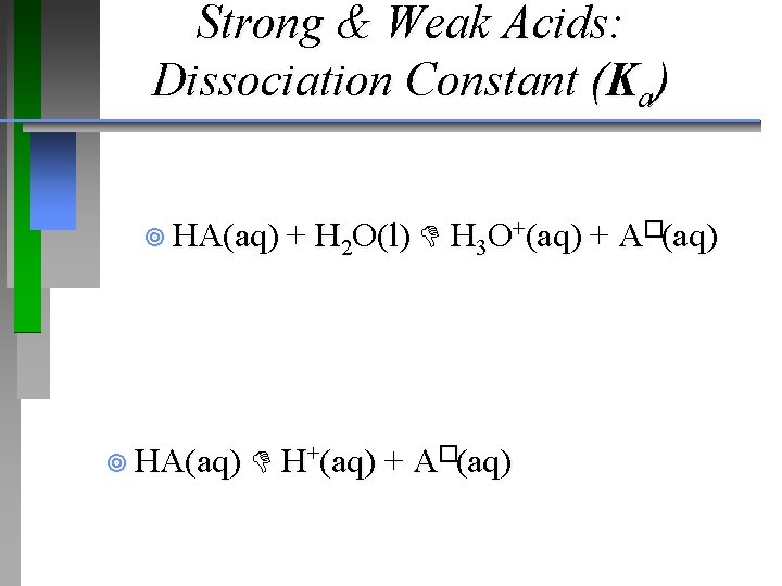Strong & Weak Acids: Dissociation Constant (Ka) ¥ HA(aq) + H 2 O(l) ¥