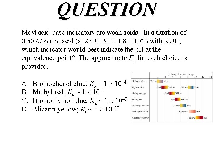 QUESTION Most acid-base indicators are weak acids. In a titration of 0. 50 M