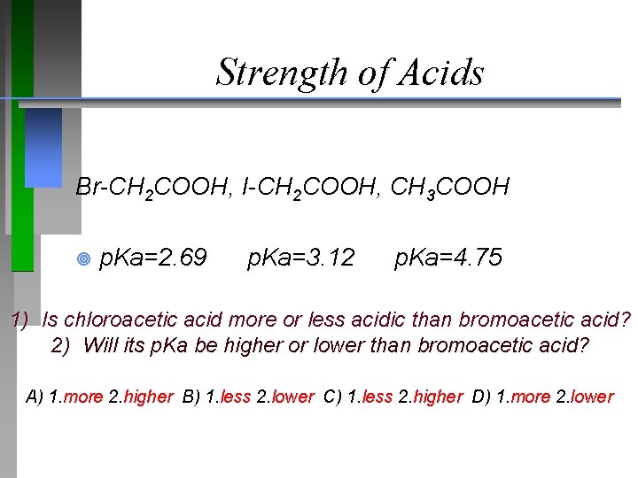 Strength of Acids Br-CH 2 COOH, I-CH 2 COOH, CH 3 COOH ¥ p.
