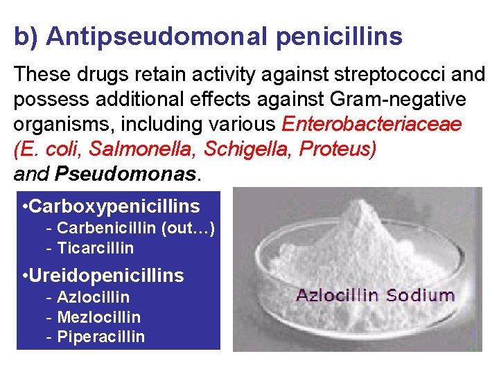 b) Antipseudomonal penicillins These drugs retain activity against streptococci and possess additional effects against