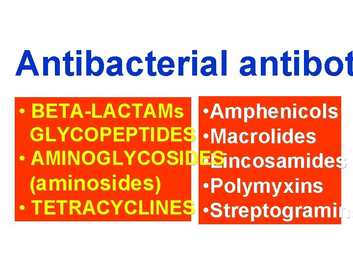 Antibacterial antibot • BETA-LACTAMs • Amphenicols GLYCOPEPTIDES • Macrolides • AMINOGLYCOSIDES • Lincosamides (aminosides)