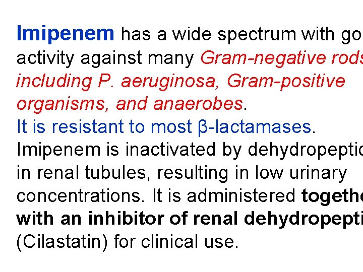 Imipenem has a wide spectrum with goo activity against many Gram-negative rods including P.